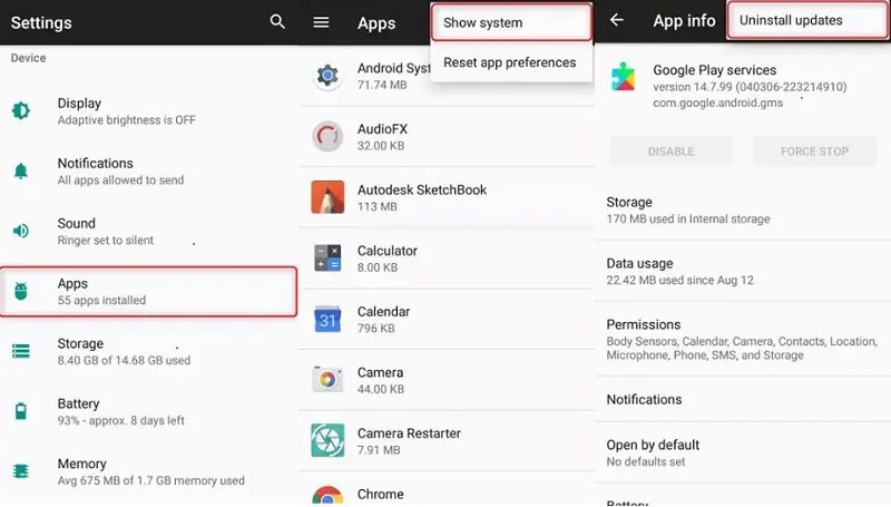Avinstaller oppdateringer Google Play Services