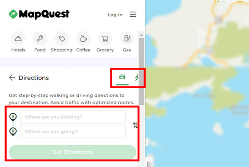 MapQuest Rutevejledning fra et sted til et andet