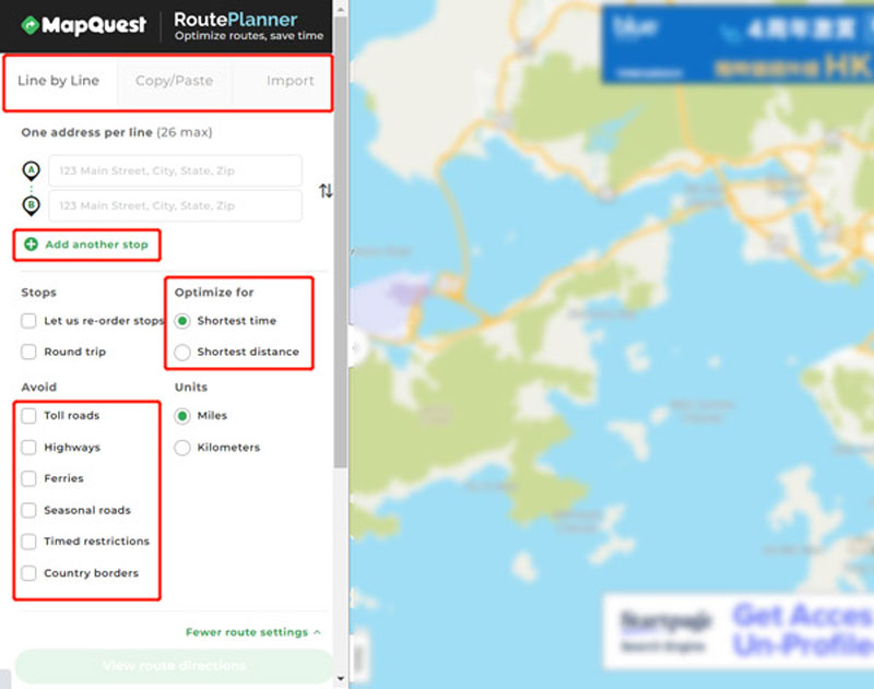 使用 MapQuest 路线规划器