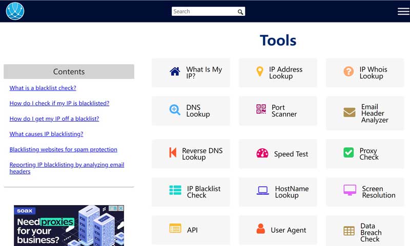 Zrzut ekranu narzędzi