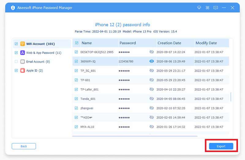 Password di backup