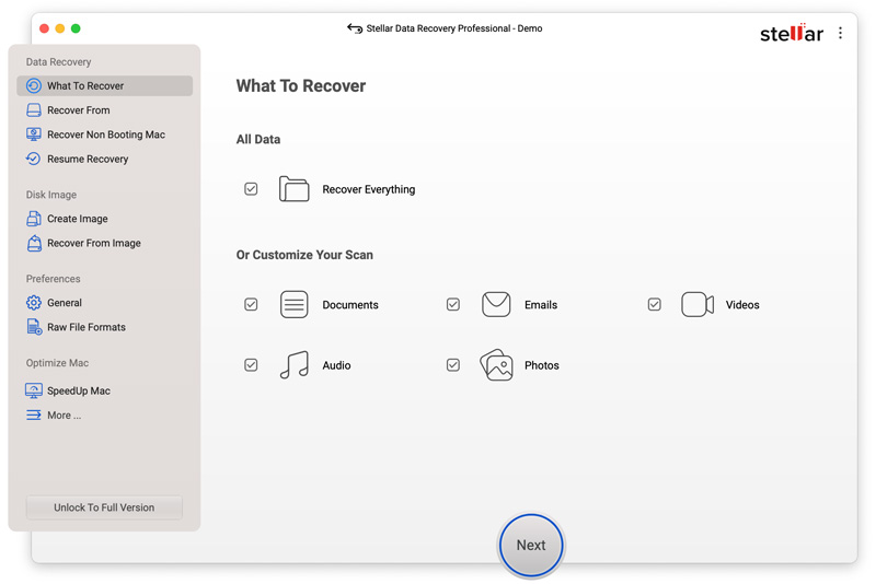 Stellar Data Recovery for Mac Select Data Types