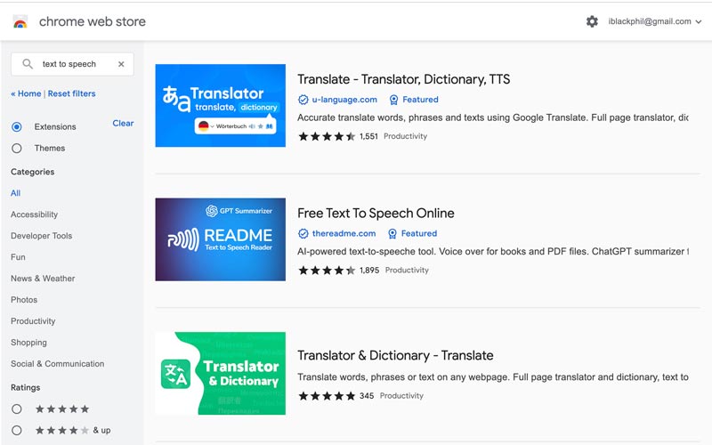 TTS-laajennukset Chrome Web Storessa