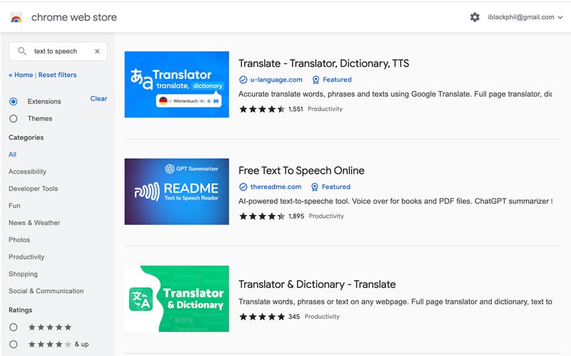 Estensioni TTS nel Chrome Web Store