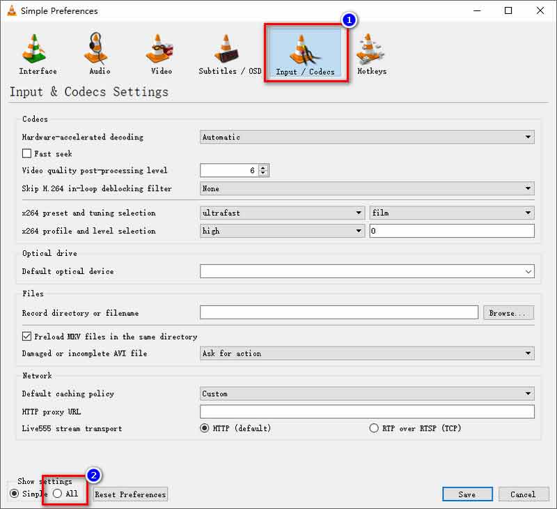 Indstilling af VLC-input-codec