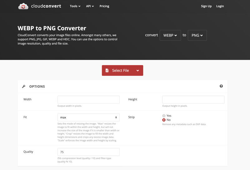 Convertitore CloudConvert da WebP a PNG