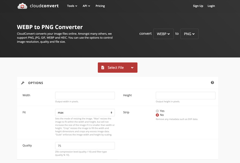 Konwerter CloudConvert WebP na PNG