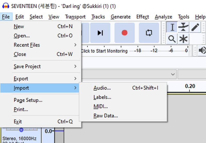 Etykieta audio importu Audacity