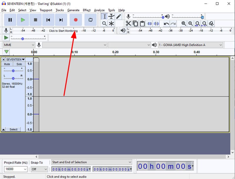 Registrazione della barra degli strumenti di trasporto di Audacity