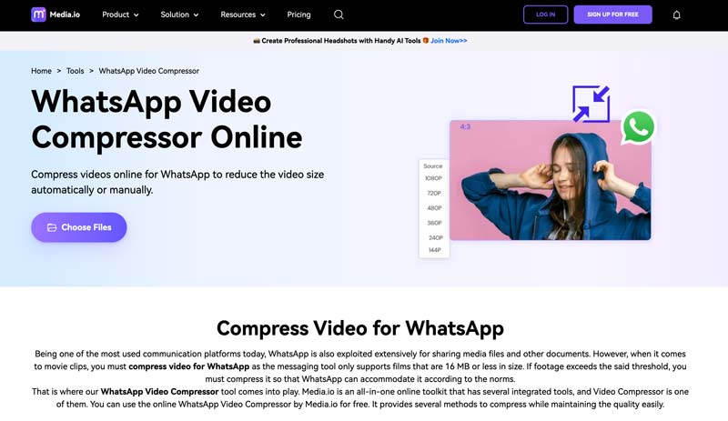 Media.io WhatsApp videokompressor online