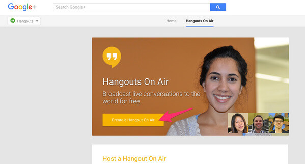 Selecteer Google Hangout On Air