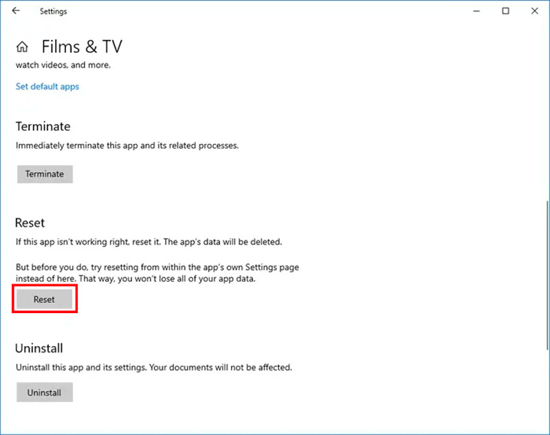 Filmleri ve TV'yi Sıfırla Windows 11 10