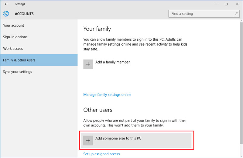 Windows Family a další uživatelé Přidat