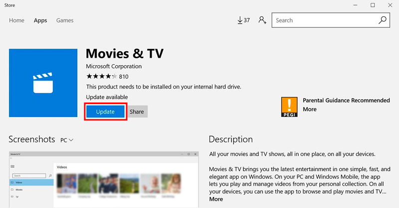 Opdater Microsoft Movies and TV