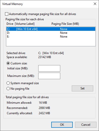 Customize Size Under Virtual Memory
