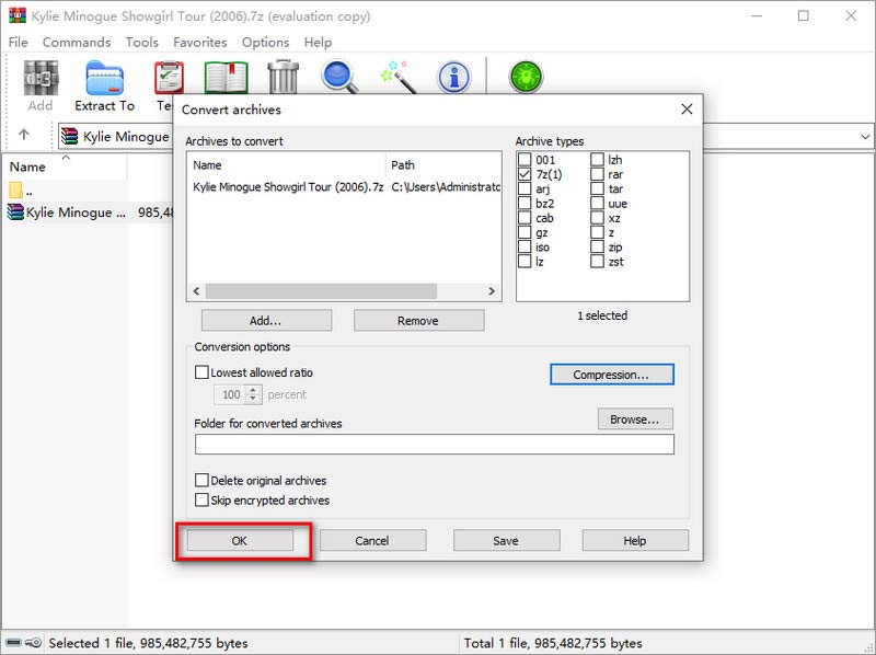 WinRAR Kattintson az OK gombra a RAR-konvertálás elindításához