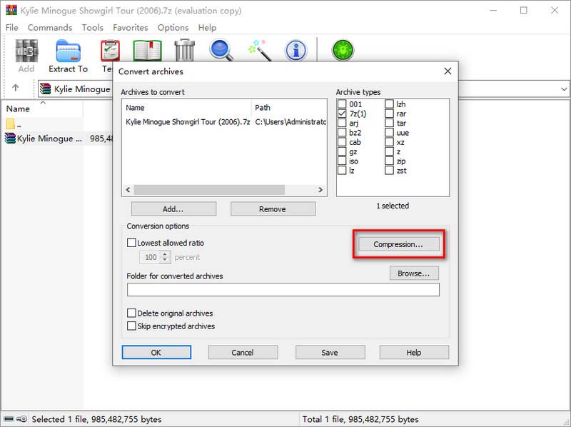 WinRAR Selecteer compressie van 7z