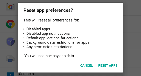 Reimposta preferenze app