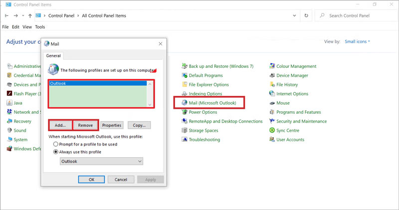 Add Remove Outlook Profile