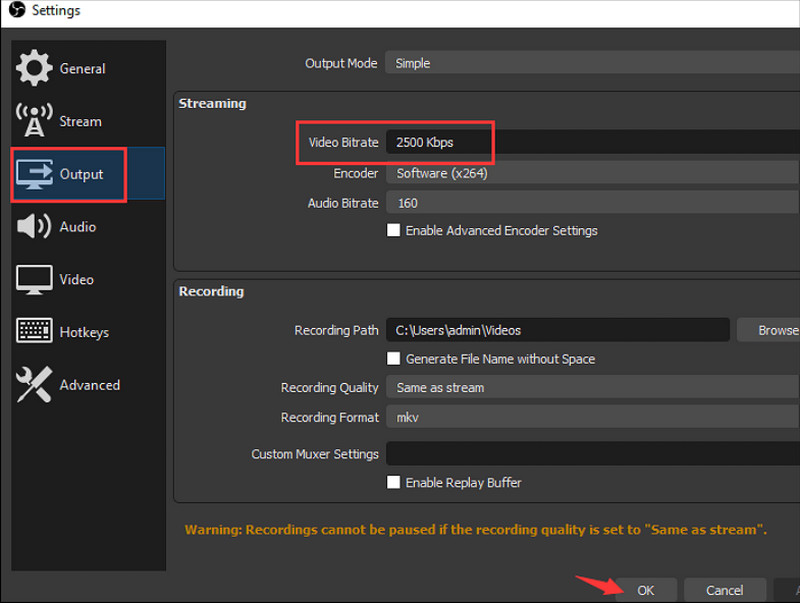 OBS Indstillinger Output Video Bitrate