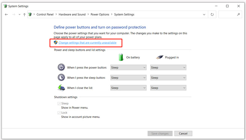 Change Settings Power Button Currently Unavailable