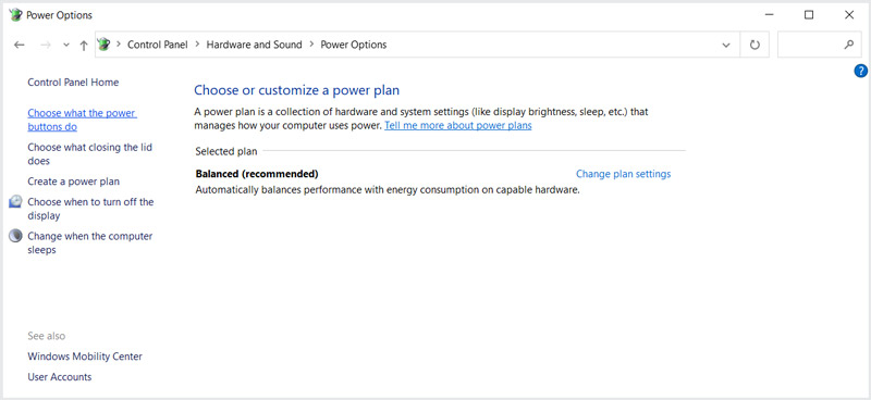 Windows 10 Hardware And Sound Power Options