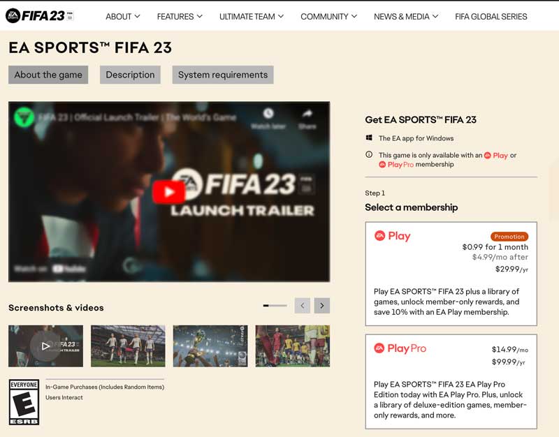 FIFA 23 PC 版 EA Sports Website