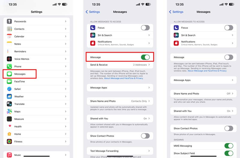 Vypnout Zapnout iMessage na iPhone