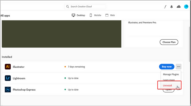 Uninstall Illustrator Via Adobe Creative Cloud App