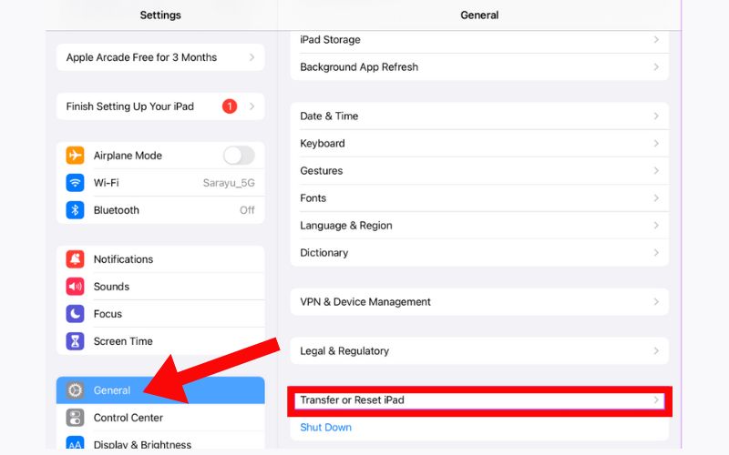 Tap Transfer Or Reset Ipad