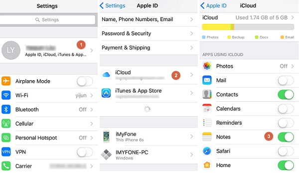 Note in Impostazioni iCloud