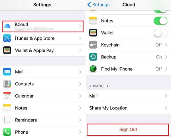 Выйти из учетной записи iCloud