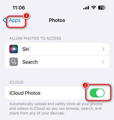 Enable iCloud Photos in iPhone