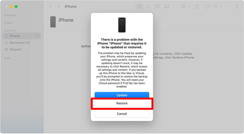 Восстановите iPhone, используя режим восстановления Finder