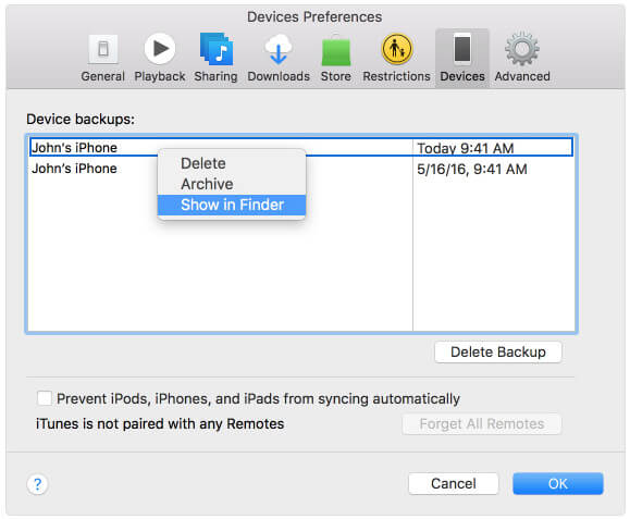 iTunes τοποθεσία backup στο Mac