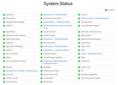 Apples systemstatuskontrol