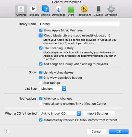 Disattiva iCloud Music Library