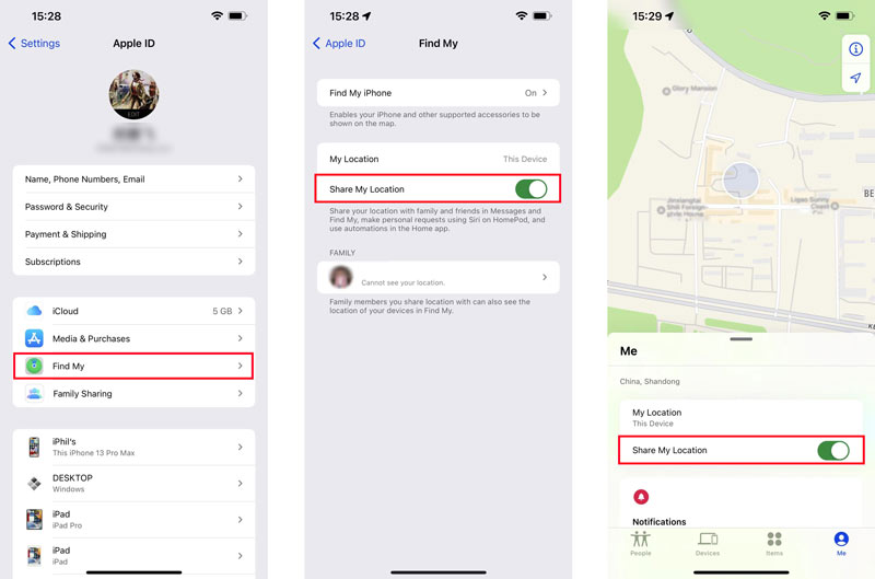 Włącz opcję Udostępniaj moją lokalizację iPhone Znajdź mój