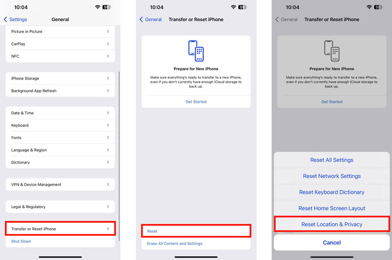 Ripristina posizione e privacy su iPhone