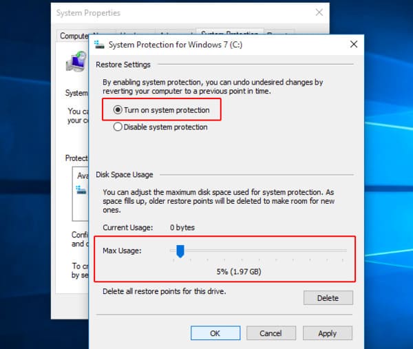 Windows 10 시스템 복구 설정 관리
