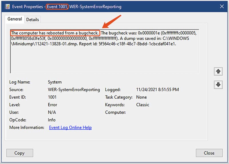 The Computer Has Rebooted From A Bugcheck Event 1001