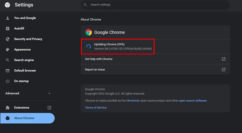 Uppdatera Chrome Browser