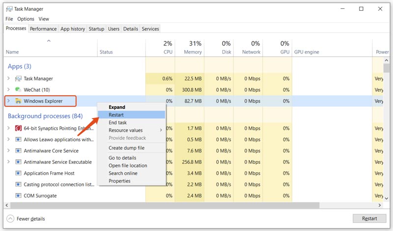 Restart Windows Explorer In Task Manager