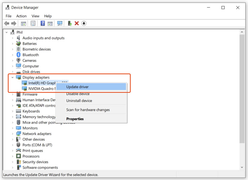 Update Graphics Drivers Device Manager