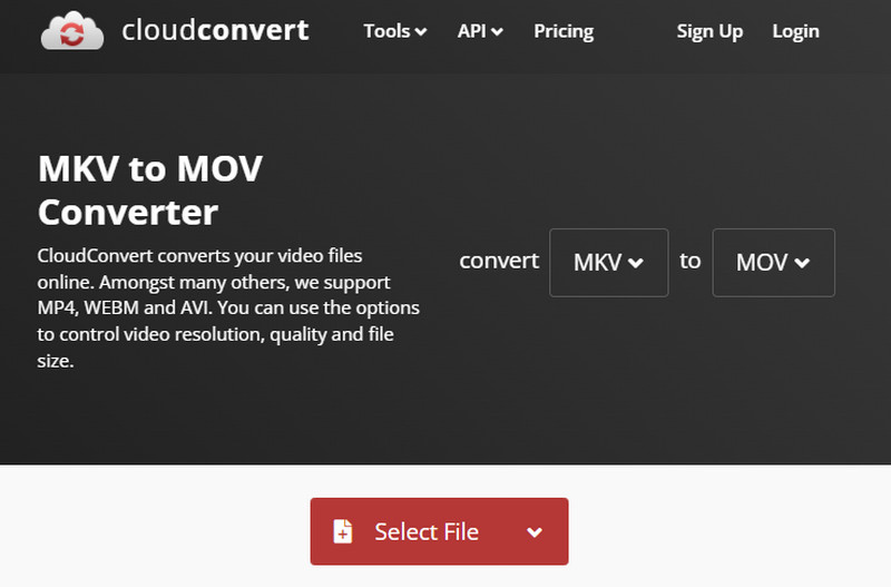 CloudConvert 將檔案 MKV 新增至 MOV