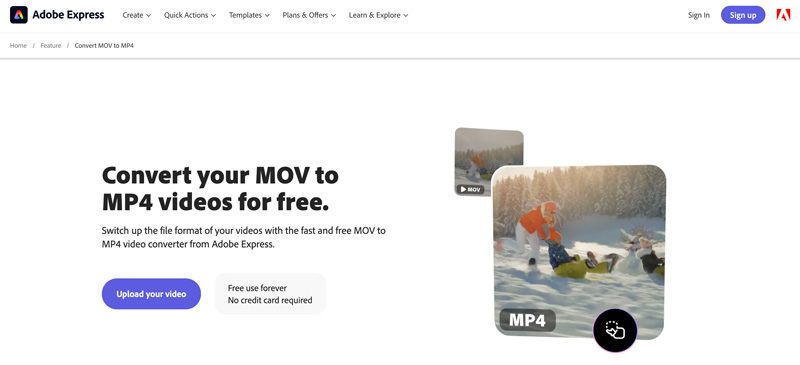 Adobe Express Online MOV-MP4-muunninsivu