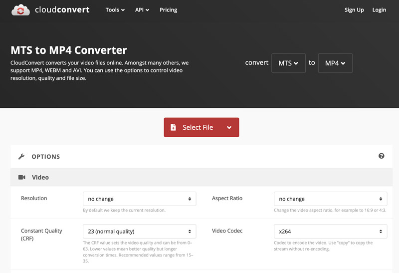 Convertitore CloudConvert da MTS a MP4