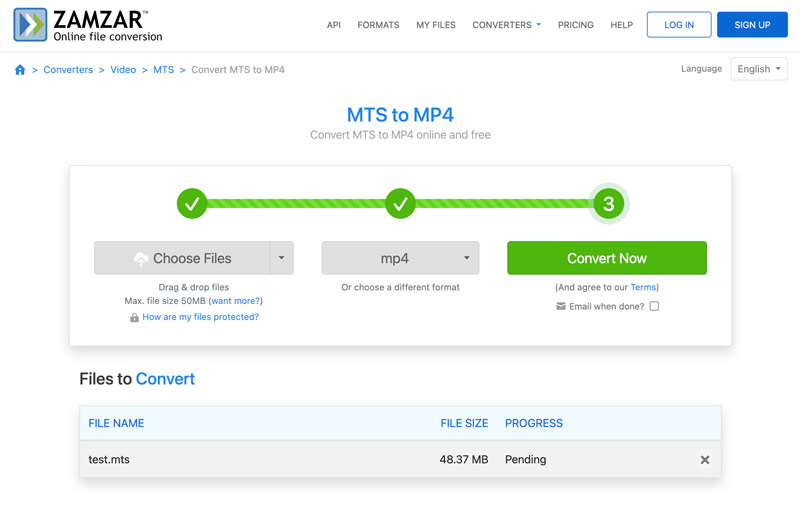 Da MTS a MP4 Zamzar online gratuito