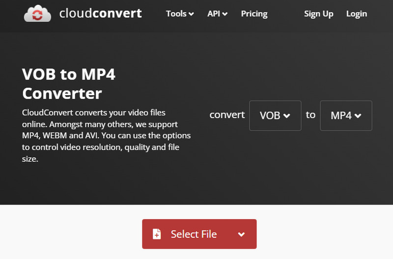 CloudConvert Выберите файл VOB в MP4