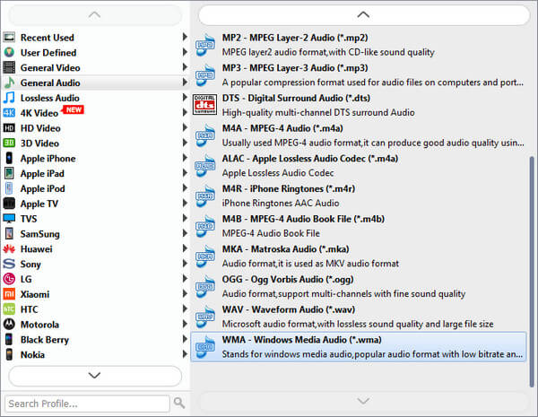 Velg WMA som utdataformat